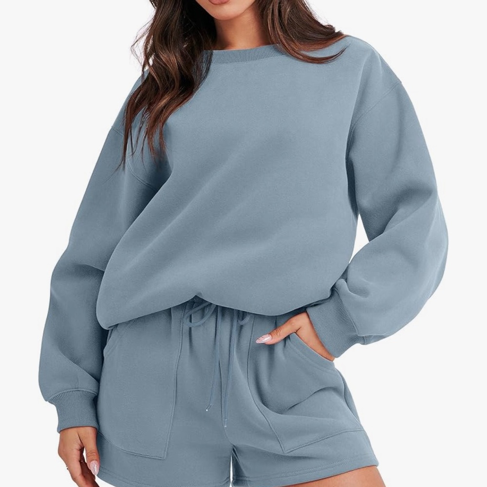 ANRABESS Blue 2 Piece Lounge Set XL Oversized Sweatshirt Shorts Matching Set - Picture 4 of 9
